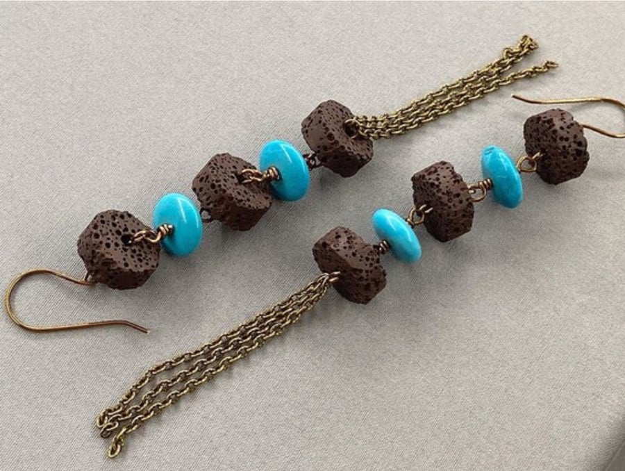 Long Lava Rock Stone & Blue Magnesite Bronze Boho Tassel Earrings