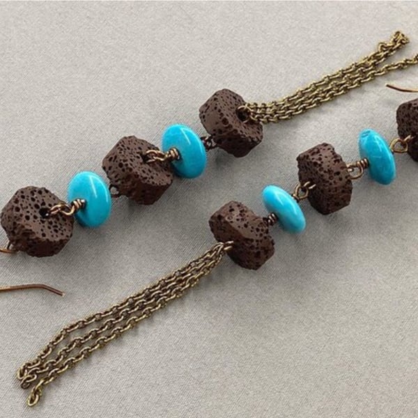 Long Lava Rock Stone & Blue Magnesite Bronze Boho Tassel Earrings