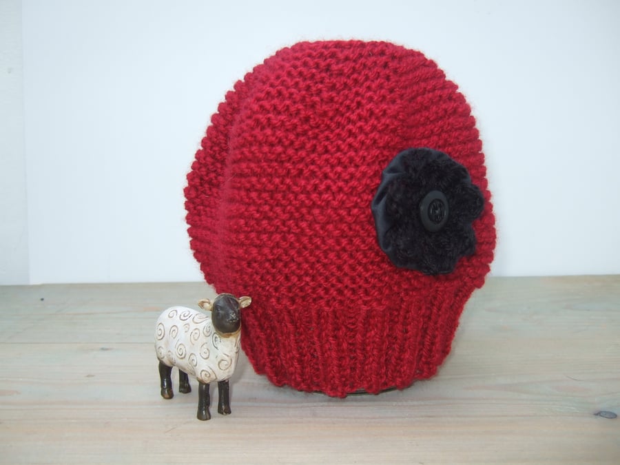 Red Beanie Hat with Black Flower