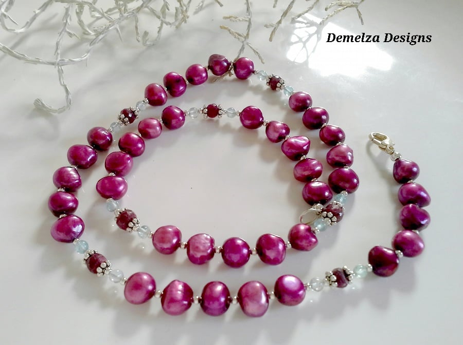 ONE OFF Genuine African Ruby, Apatite & Bargue Pearl Sterling Silver  Necklace