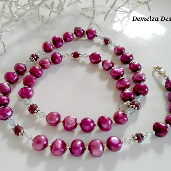 ONE OFF Genuine African Ruby, Apatite & Bargue Pearl Sterling Silver  Necklace