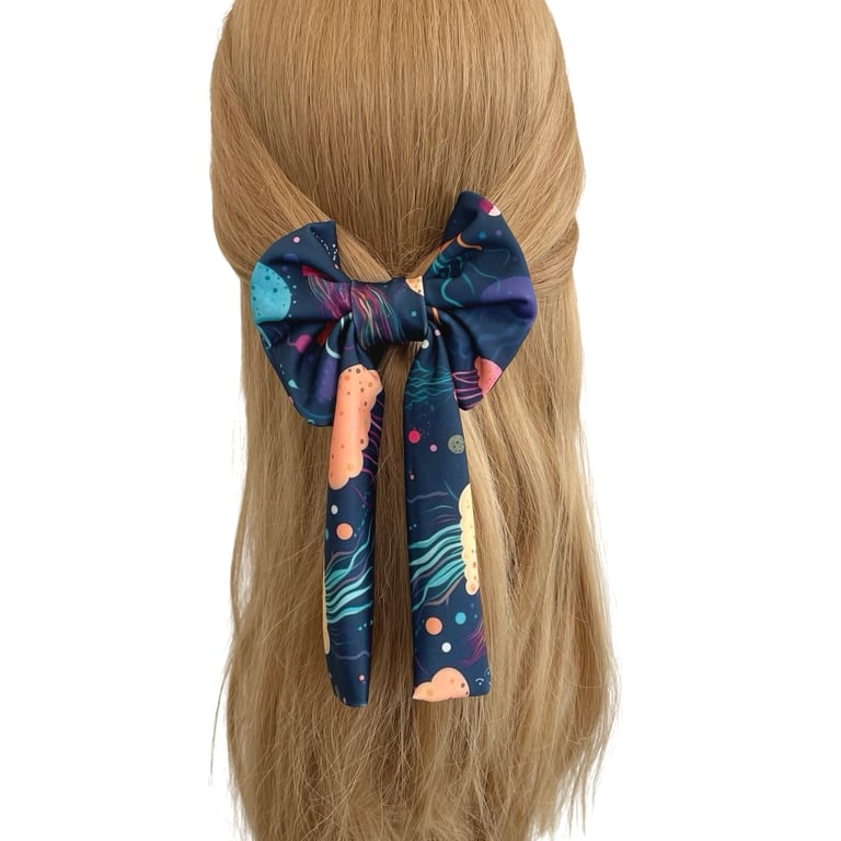 Navy Patterned Long Tail Bow with Alligator Clip for Girls Women Eco-Friendly