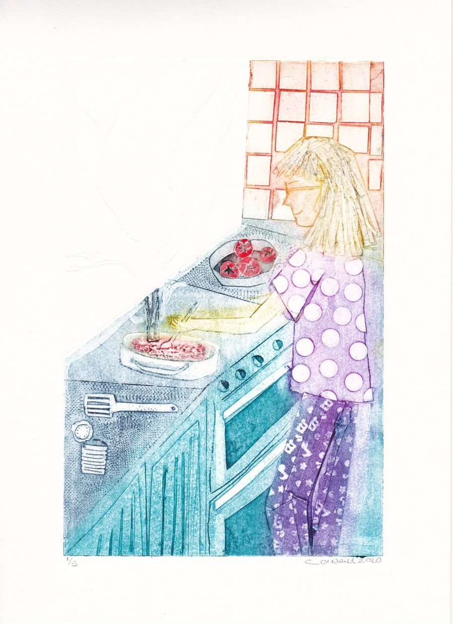 Saturday Night Dinner -    Original Collagraph Print