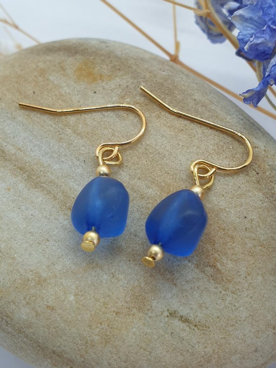  Gold plated earrings with faux sea glass beads royal blue boho dangle drop