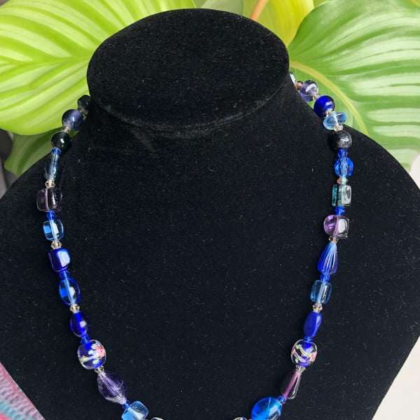 Blue Glass Patterned Bead 18.5” Necklace