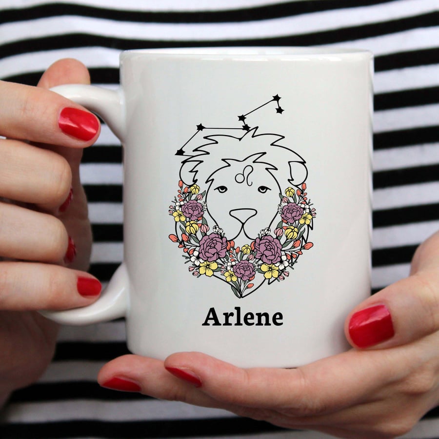 Leo Floral Zodiac Mug Customizable 11oz Ceramic Coffee Cup with Star Sign