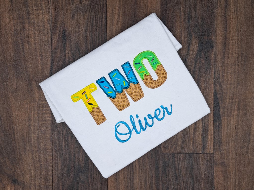 Embroidered Two Birthday T-shirt, Personalized Ice Cream Letters Toddler Top