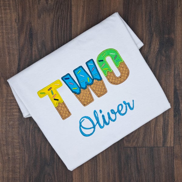 Embroidered Two Birthday T-shirt, Personalized Ice Cream Letters Toddler Top