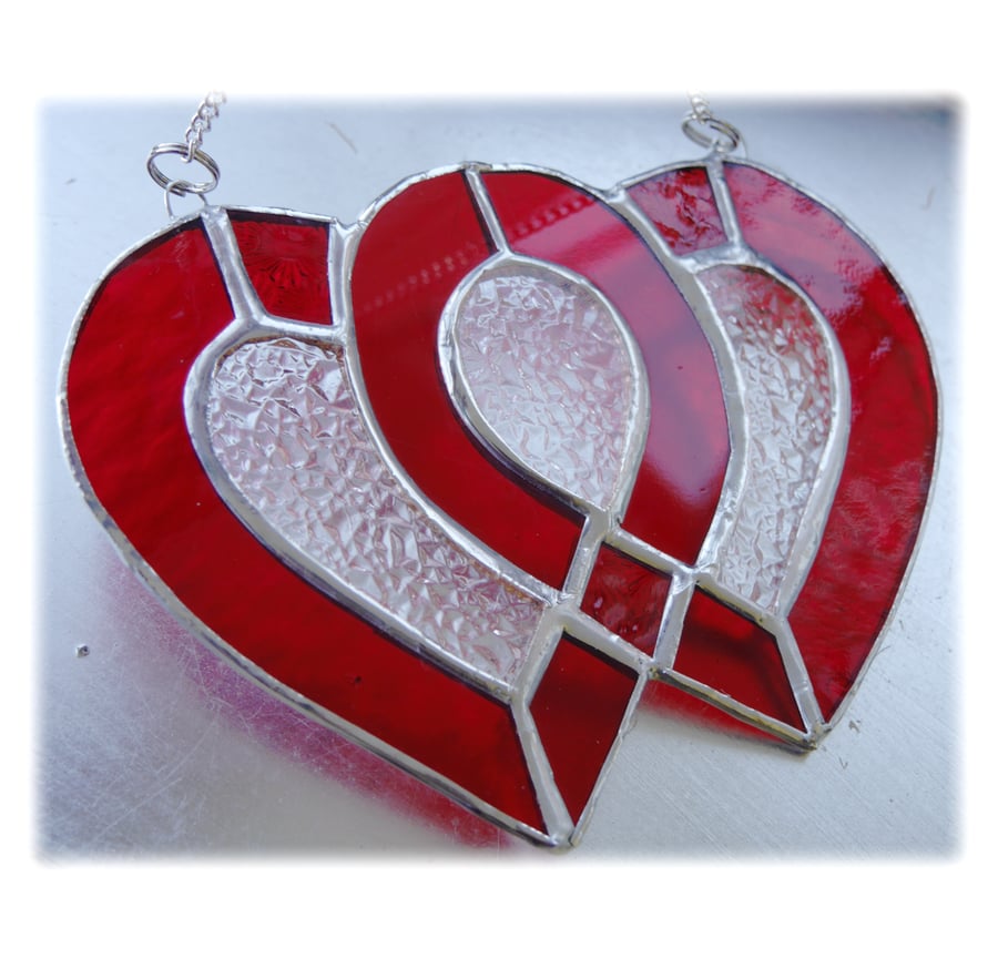 SOLD Entwined Heart Suncatcher Stained Glass Red Ruby Wedding 010