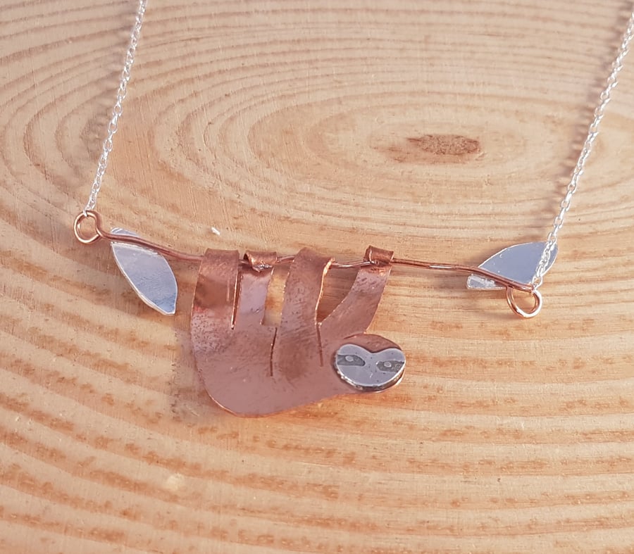 Sterling Silver and Copper Sloth Necklace Pendant