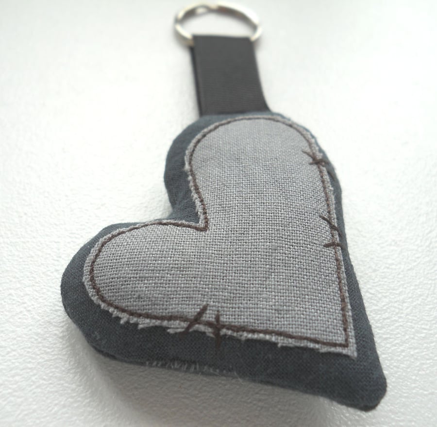 applique embroidered heart keyring key fob hanging decoration DARK GREY LINEN