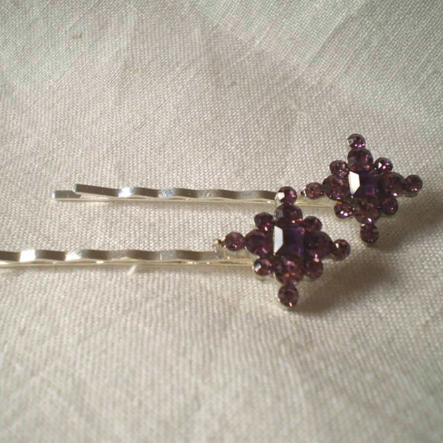 Purple Crystal Flower Hair Pins/Grips