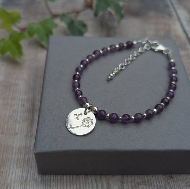 Amethyst Bracelet with Silver Dandelion Disc Ch... - Folksy