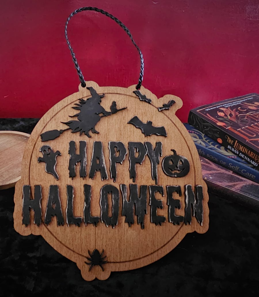 HAPPY HALLOWEEN handmade wooden 3D hanging decoration sign - One of a Kind 