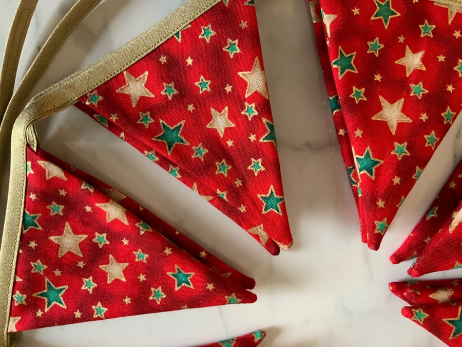 Image of Handmade Mini Christmas Star Bunting - Red, Gold & Green Fabric Garland (2 Metre