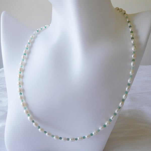 Unique Pearl and Emerald Necklace - finished with sterling silver fittings