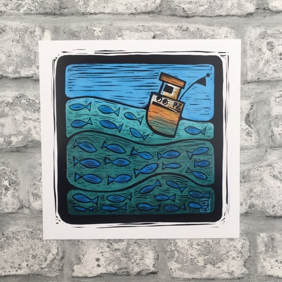 Art print illustration Cornish wall art fishing boat fish seascape 