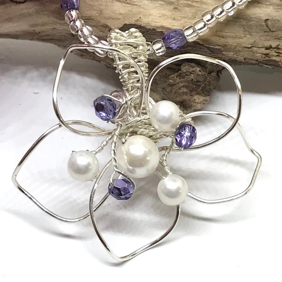 Flower Pendant with Shell Pearl & Czech Crystals, Silver Plated 
