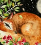 Mounted Original Woodland Resting Fox Whimsical Mushrooms Forest Full Moon Art - Image 3