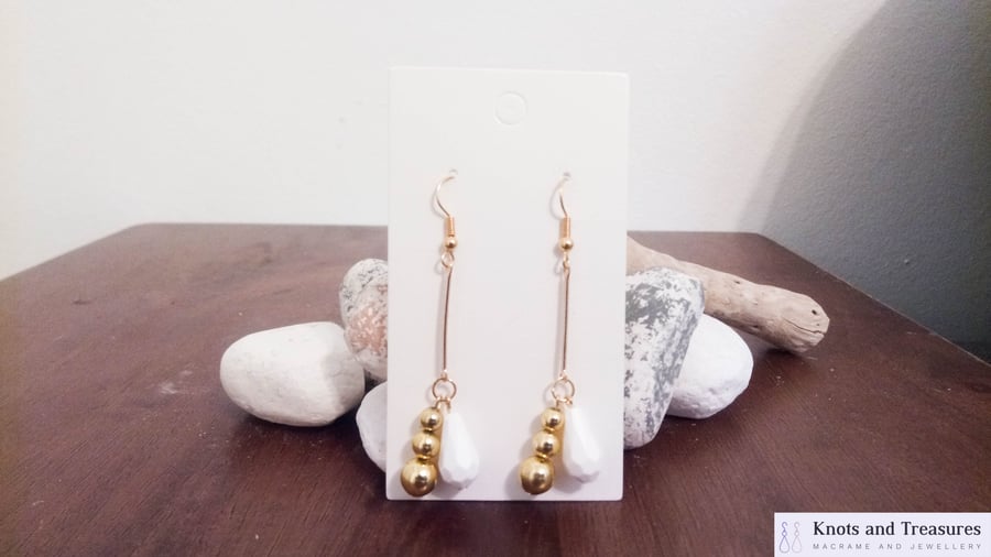 Gold Bead and White Drop Bead Dangle Earrings