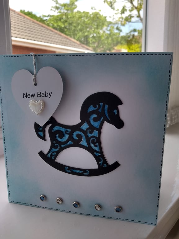 New baby boy rocking horse card