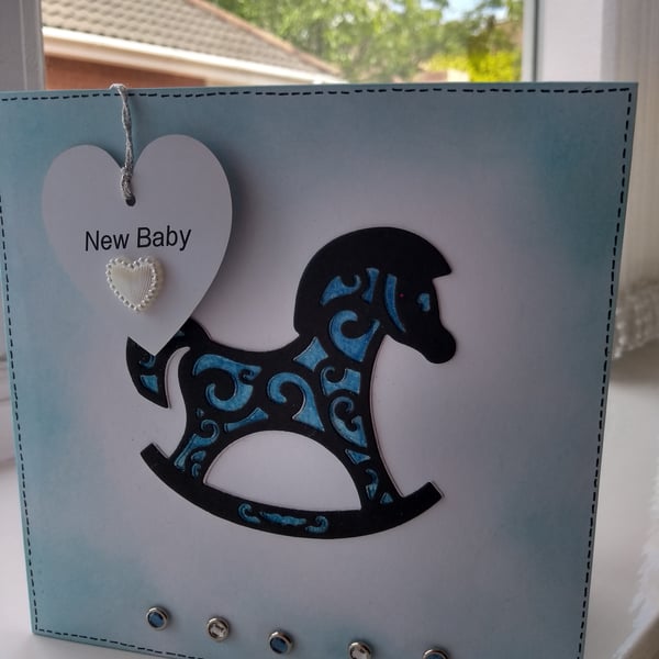 New baby boy rocking horse card