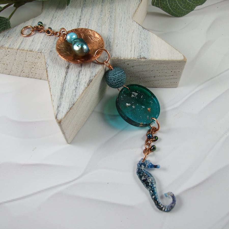 Seahorse Hanging Decoration, Copper with Bio Resin, Agate and Pearls Suncatcher