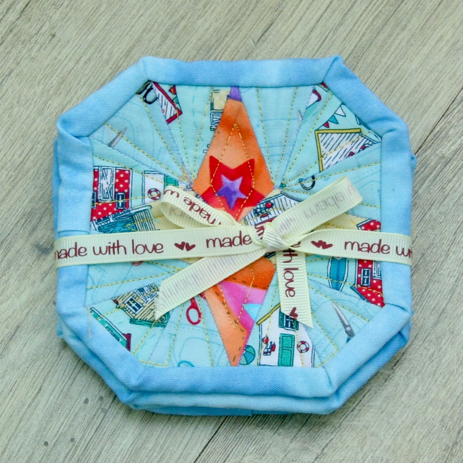 Four Fabric Coasters with Beach Huts and Stars