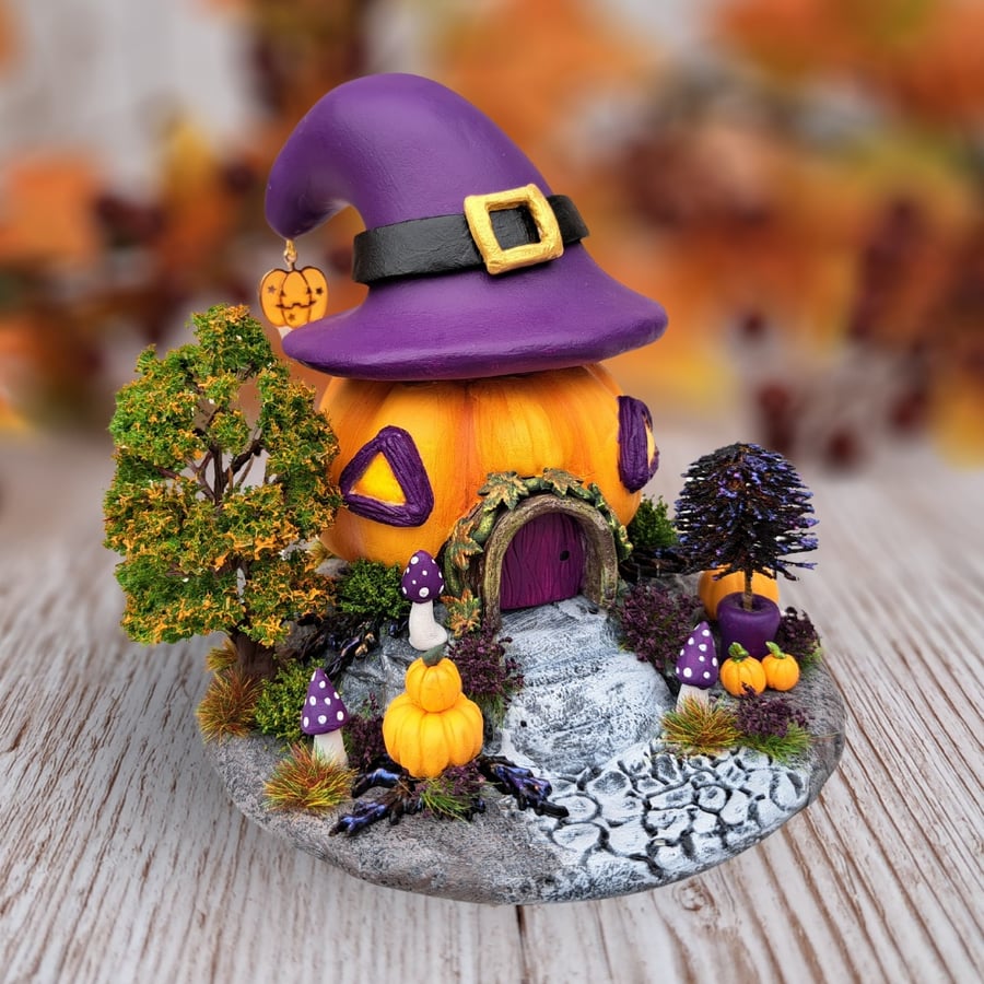 Halloween Pumpkin Cottage - Handmade in Purple and Orange