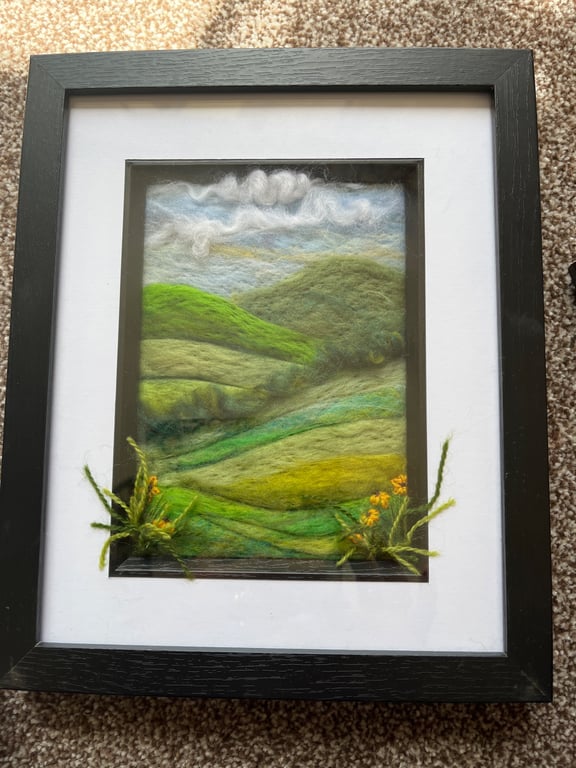Needle felt picture black frame green hills orange embroidered flowers clouds
