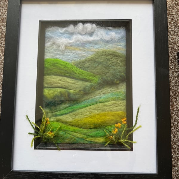 Needle felt picture black frame green hills orange embroidered flowers clouds