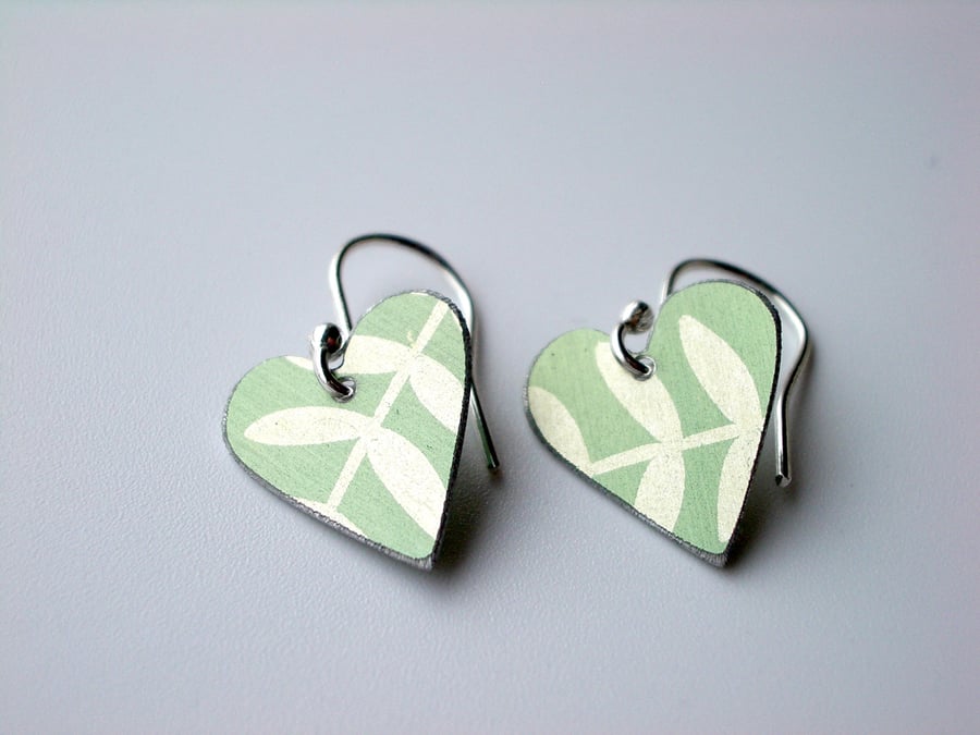 Green heart earrings with leaf print
