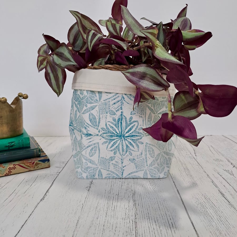 Hand Printed Linen Storage Basket, Storage Pot, Plant Pot - Teal Blue