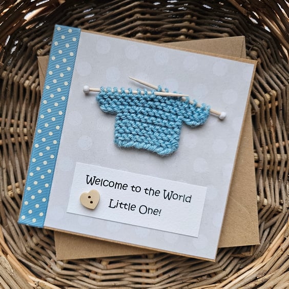 Duck Egg Blue New Baby Card with Small Knitted Jumper Size 5" x 5"