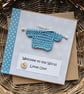 Duck Egg Blue New Baby Card with Small Knitted Jumper Size 5" x 5" - Image 1