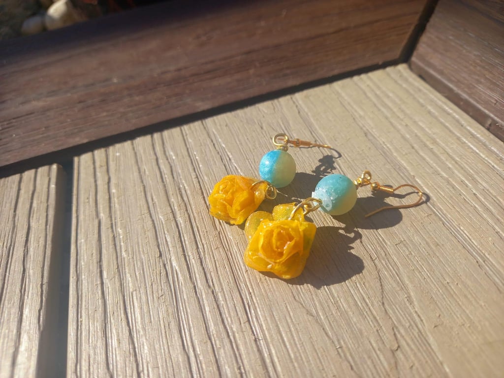Glittery Yellow Rose Dangle Earrings