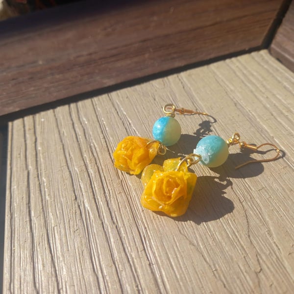 Glittery Yellow Rose Dangle Earrings