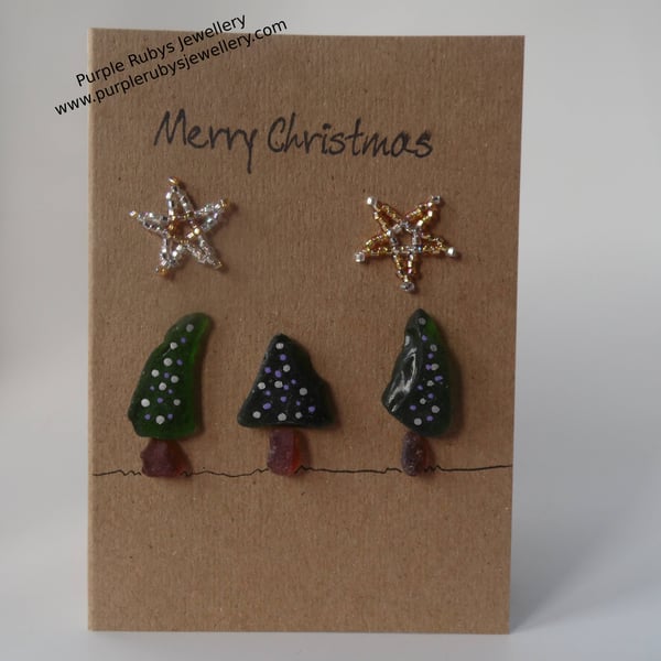 Sea Glass Christmas Trees with Silver & Purple Lights Christmas Card C257