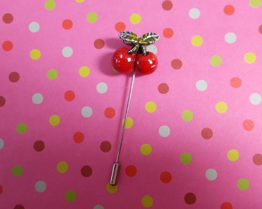 Small Red CHERRY PIN Wedding Boutonniere Summer Fruit Lapel Brooch HAND PAINTED