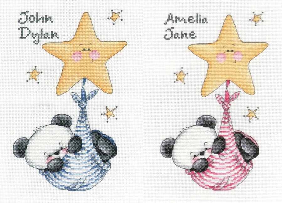 Party Paws bamboo swinging on a star - twin boy & girl cross stitch chart