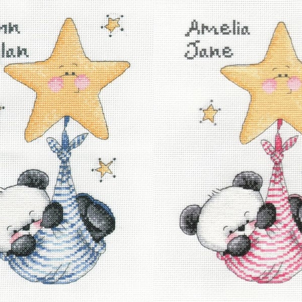 Party Paws bamboo swinging on a star - twin boy & girl cross stitch chart