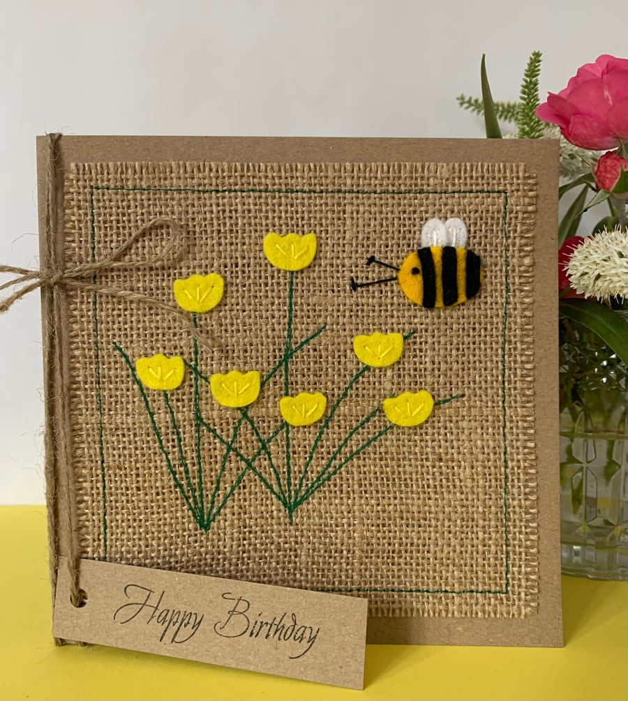 Handmade Birthday Card. Bright yellow flowers with a bee from wool felt.