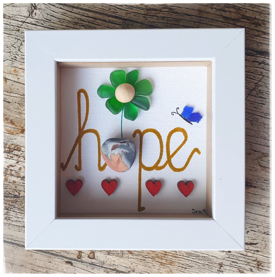 Seaglass, pebble, handwritten on canvas art "HOPE"