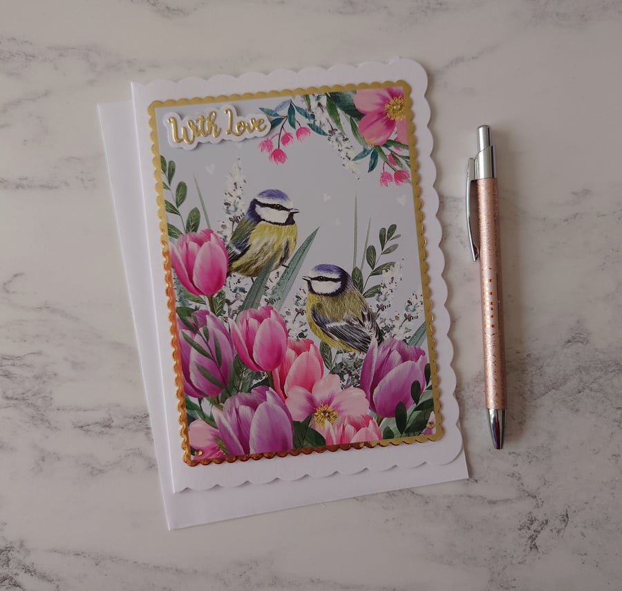 With Love Garden Blue Tits Birds and Flowers 3D Luxury Handmade Card