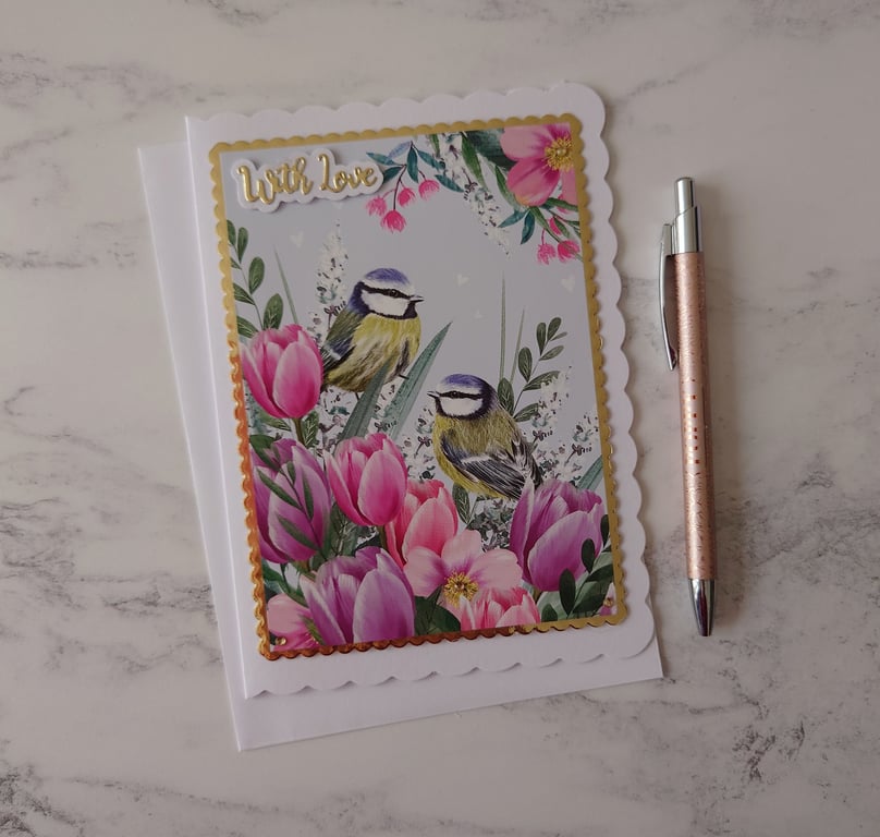 With Love Garden Blue Tits Birds and Flowers 3D Luxury Handmade Card
