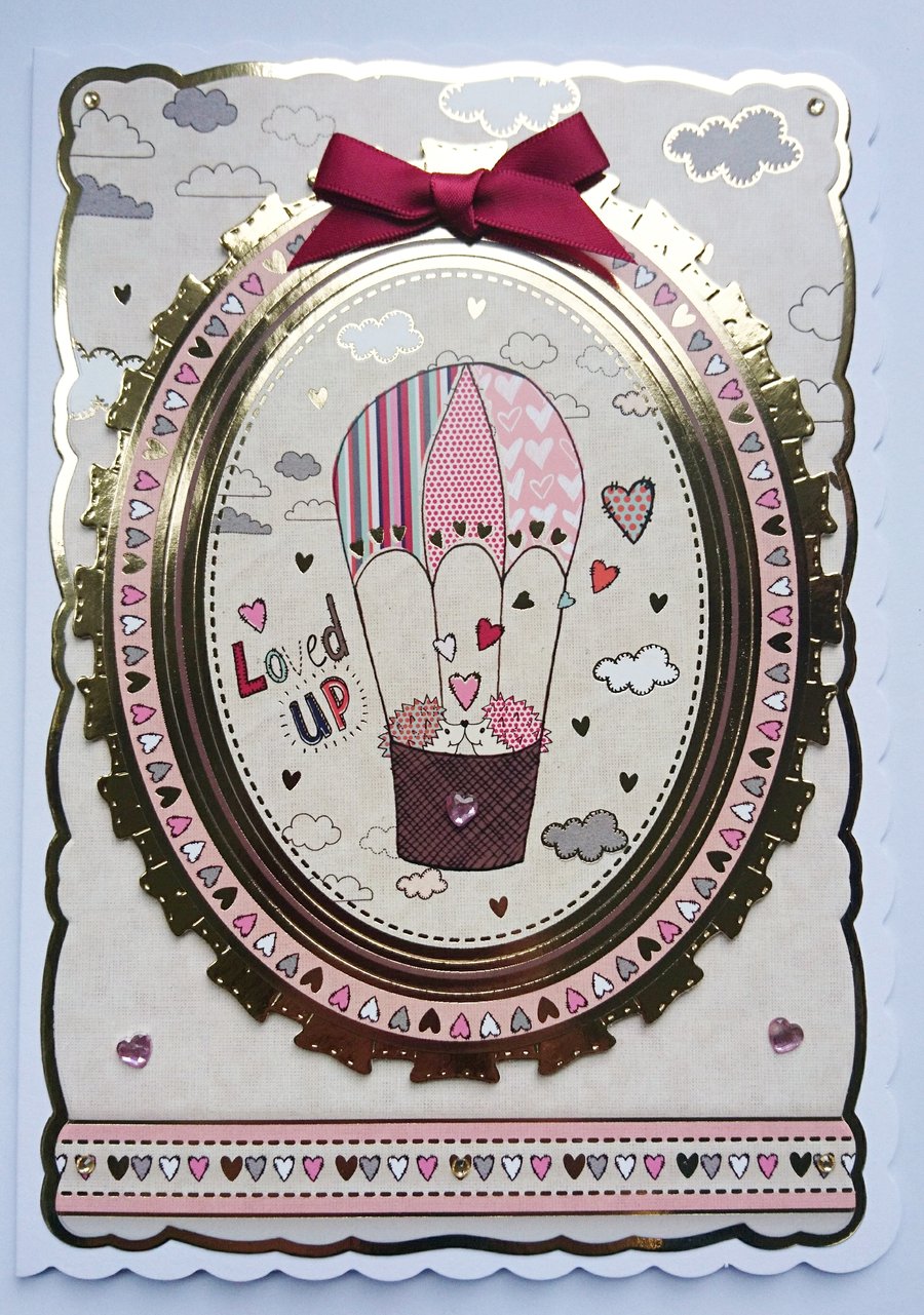 Valentine's Day Loved Up Cute Hedgehogs Hot Air Balloon 3D Luxury Handmade Card