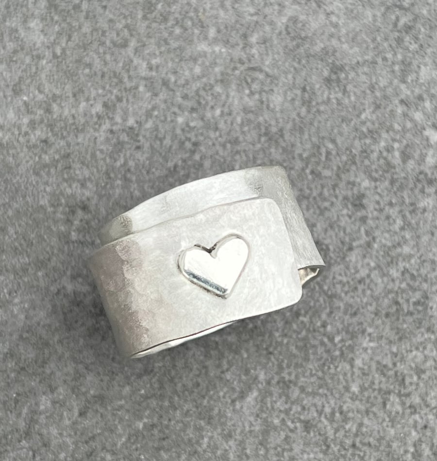 Silver Heart Adjustable Ring, silver heart ring, wide hammered ring, wrap over