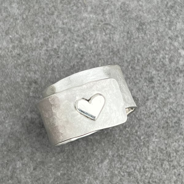 Silver Heart Adjustable Ring, silver heart ring, wide hammered ring, wrap over
