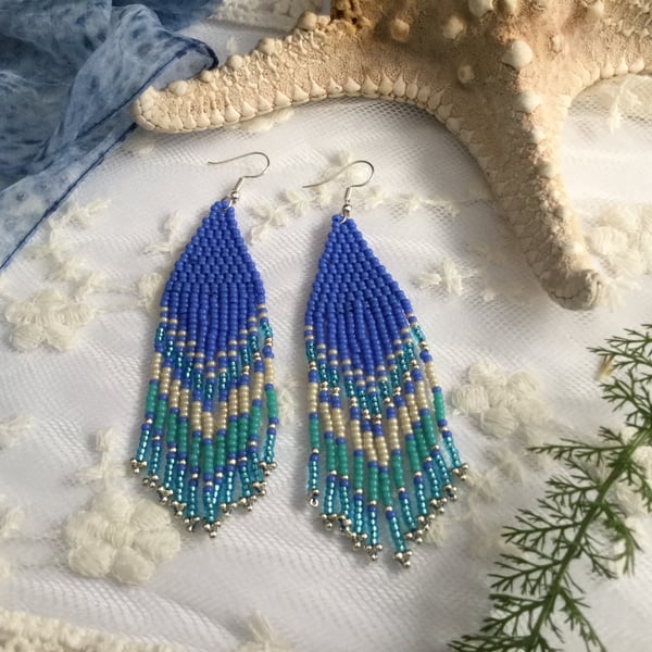 Blue Lagoon beaded fringe dangle earrings, boho earrings, festival, holiday