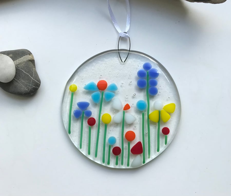 Colourful flower suncatcher made from fused glass, gift for mum, birthday gift